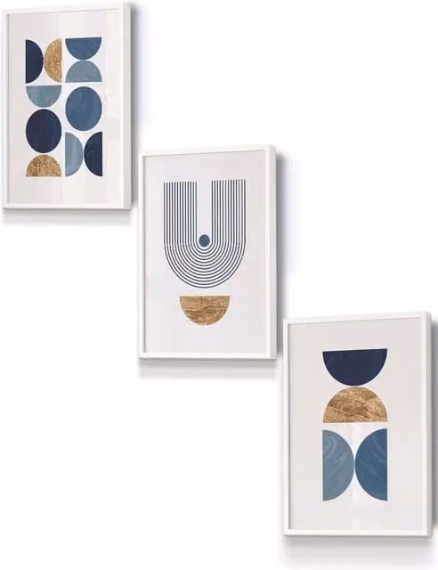 ARTZE Mid Century Geometric Abstract Framed Wall Art in Blue, Gold and White, W: 33 cm, H: 45 cm, D: 0.2 cm