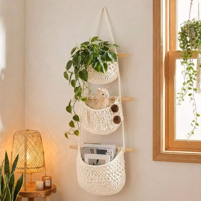 EONLION White 3-Tier Wall Mounted Cotton Rope Storage Basket in Off-White, W: 50 cm, H: 84 cm, D: 50 cm