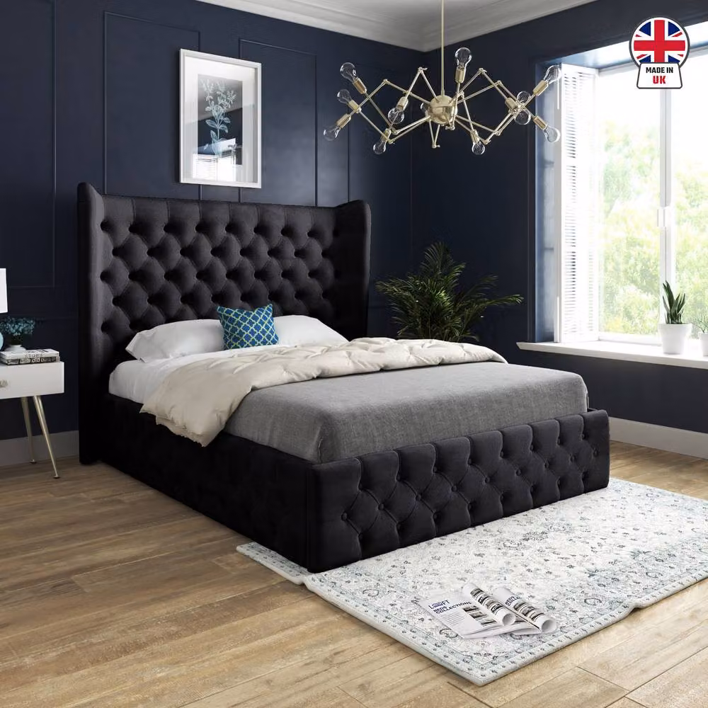 KDMD Leigh Wide Winged Upholstered Designer Bed Frame in Black Soft Velvet, Size: Double (140 x 200 cm) – 3
