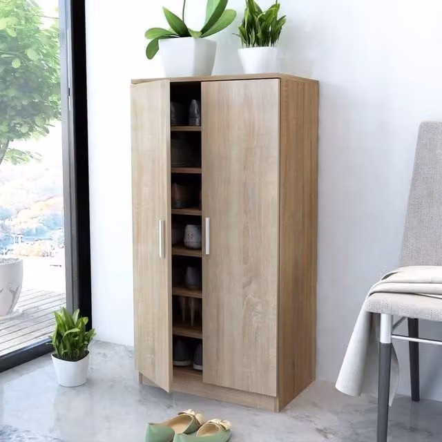 Berkfield Home Modern Oak Shoe Cabinet in Brown with 7 Internal Shelves and Hinged Doors – 1