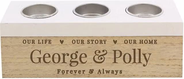 Personalised Memento Company Our Life Story and Home Triple Tea Light Box in Light Brown and White