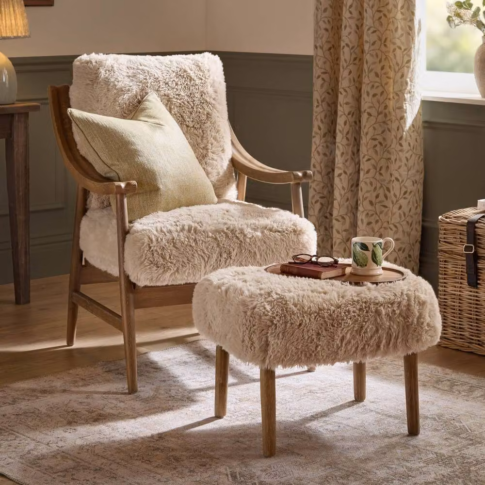 Voyage Maison Struan Faux Fur Footstool in Beige with Oak Wood Frame – 3