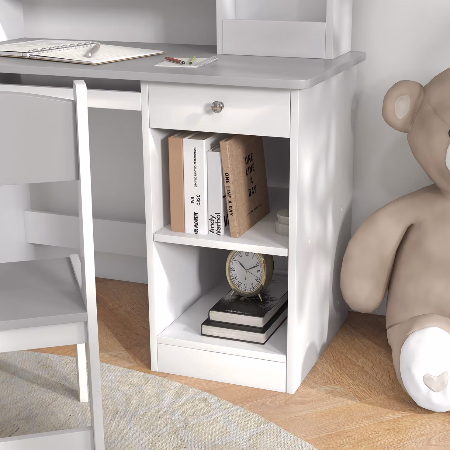 ZONEKIZ Kids Desk and Chair Set with Storage, Modern Wooden Study Table and Matching Chairs for Children, Grey – 3