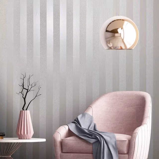 Galerie Industrial Effects Pearlescent Stripe Wallpaper in White Pearl and Silver