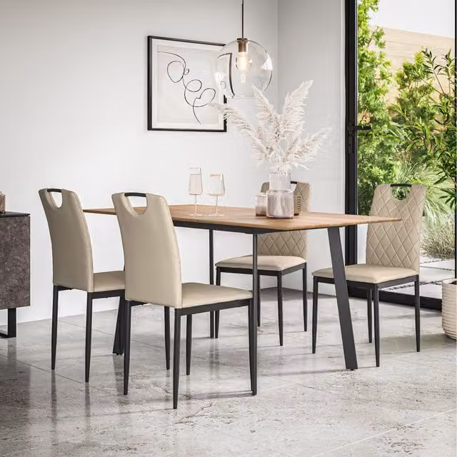More4Homes Haydon Extending Oak Effect Dining Table Set with 6 Monza Faux Leather Chairs in Beige
