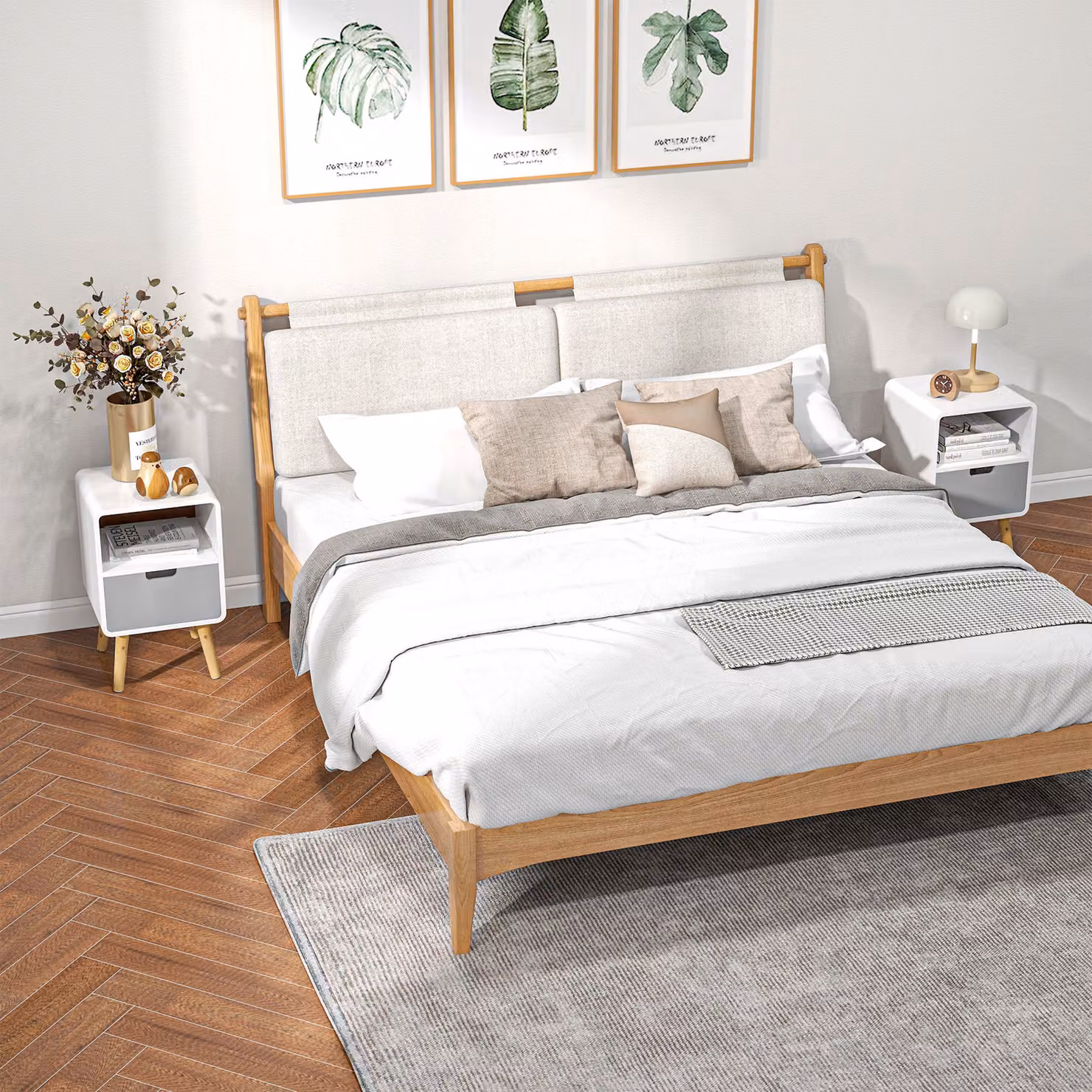 HOMCOM Set of 2 Scandinavian Style Wooden Bedside Tables with Drawer in Grey and White – 2
