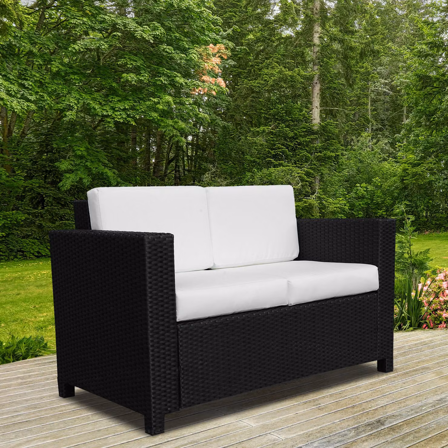 Outsunny 2 Seater Rattan Garden Sofa with Padded Cushions and Armrests, Black – 2