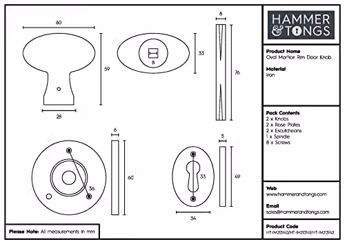 Hammer and Tongs Oval Rim and Mortice Door Knob in Matt Black Iron, Pack of 2, Width: 60 mm – 2
