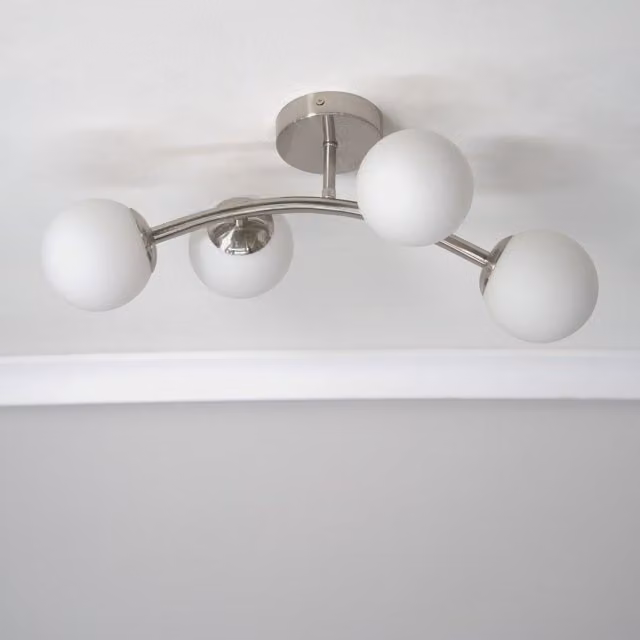 ValueLights Jas 4 Way Ceiling Light with Silver Metal Finish and White Frosted Glass Globe Shades