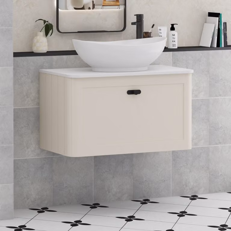 Royal Bathrooms Henley Wall Hung Vanity Unit in Mushroom Cashmere with 1 Drawer, Plain White Worktop, Amaze Basin and Matt Black Knob