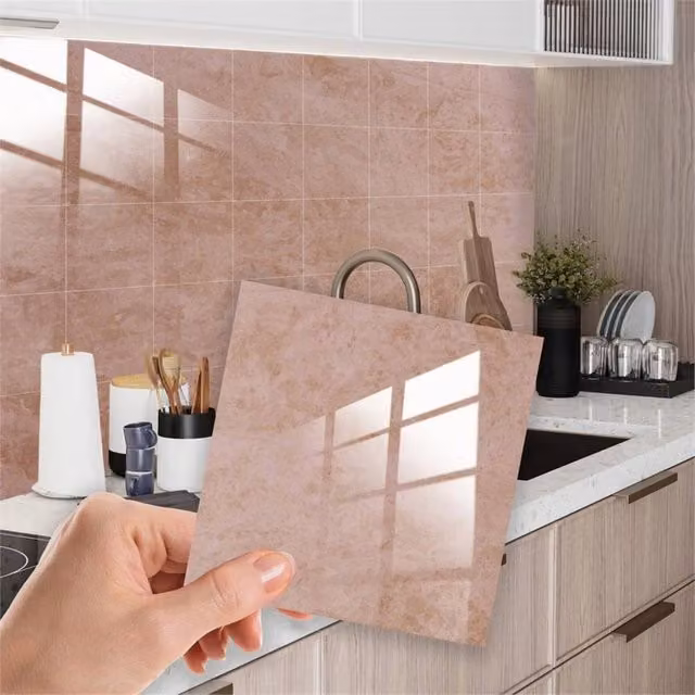 PAWNORA Topaz Brown Marble Look Wall Tile Stickers, Glossy Stone Look Decor Inserts, W: 15.24 cm, H: 15.24 cm – 1