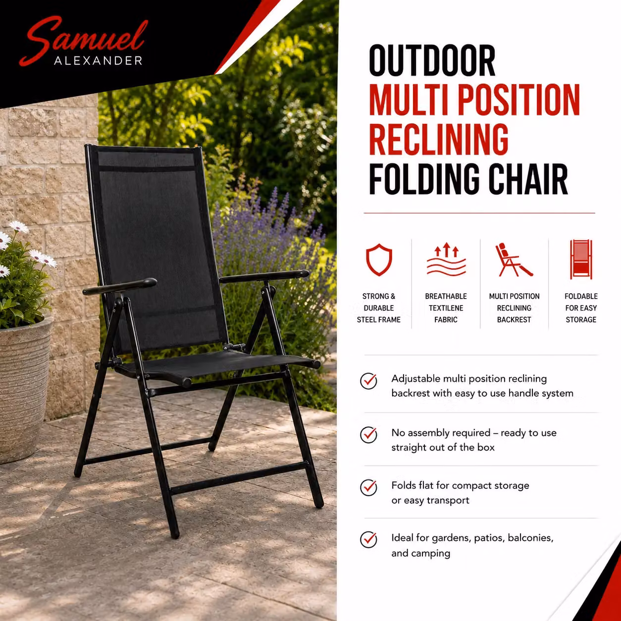 Samuel Alexander Multi Position Reclining Folding Chair in Black for Garden, Patio or Terrace – 4