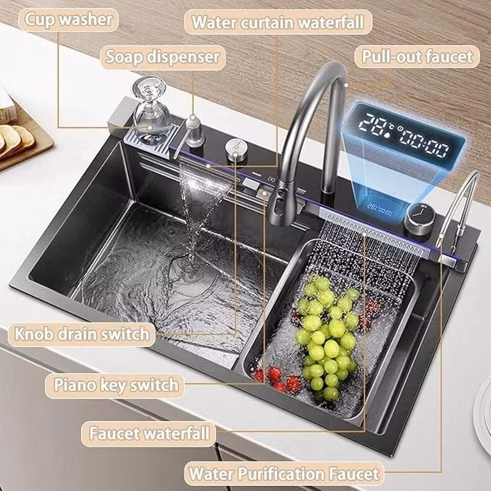 KORVIXA Waterfall Kitchen Sink in Black Stainless Steel – 3