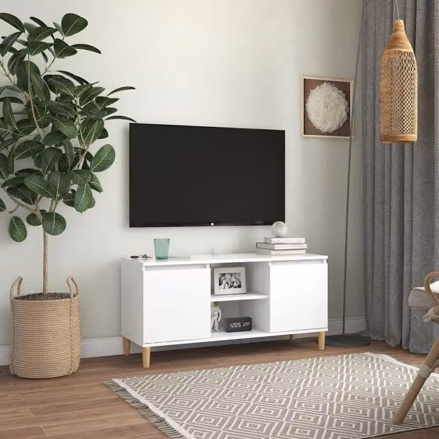 Berkfield Home White TV Cabinet with Solid Wood Legs W: 103.5 cm, D: 35 cm, H: 50 cm – 1