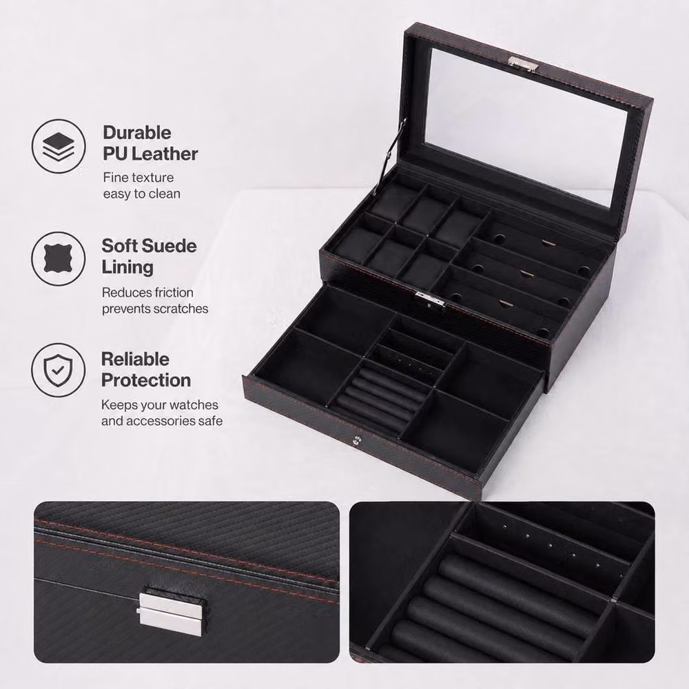 FLAVORA 2 Layer Watch and Jewellery Storage Box with Glass Lid, Black – 4