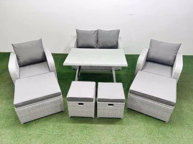 Fimous 8-Seater Patio Rectangular Table, Sofa Set and 4 Stools in Light Grey