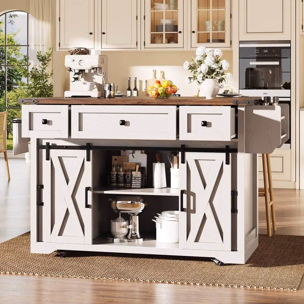 Rolipo Kitchen Island Trolley with Extendable Worktop and Power Sockets in White – 2