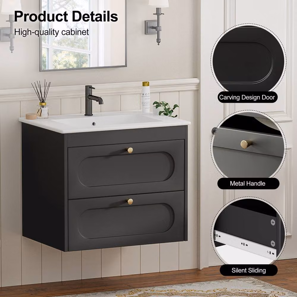 KEEPREAPER Wall Hung Bathroom Vanity Unit with Basin and 2 Soft-Close Drawers in Black and Gold – 2