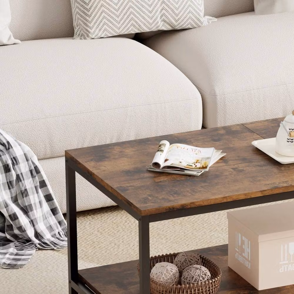 Nordara Rustic Brown Coffee Table with Storage Shelf and Metal Frame – 3