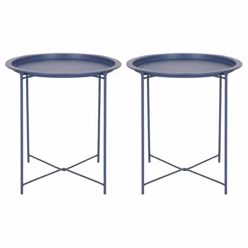 Harbour Housewares Set of 2 Round Matte Blue Metal Folding Tray Tables