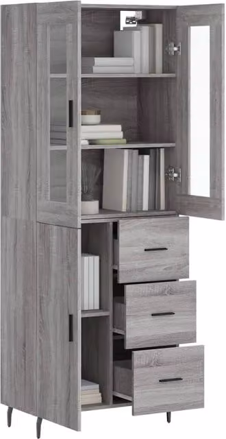 Berkfield Home Grey Sonoma Highboard with Glass and Metal Details, W/D/H: 69.5 x 34 x 180 cm