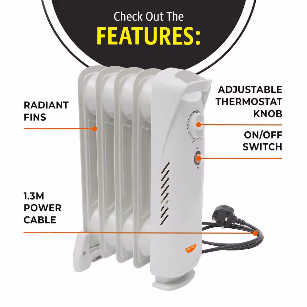 Bergstrom Mini 0.5kW Oil-Filled Radiator, Portable Freestanding Electric Heater in White – 4