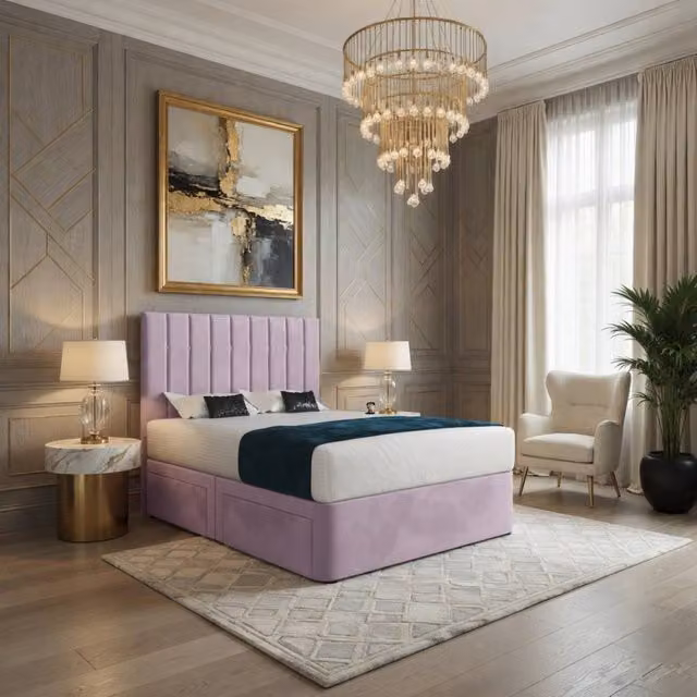 KDMD Radstock Modern Upholstered Pink Velvet Designer Bed Frame, W/D/H: 180 x 152 x 137 cm – 1