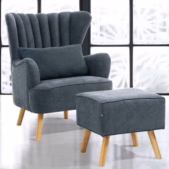 Livingandhome Mid-Century Grey Fabric Lounge Armchair with Matching Ottoman