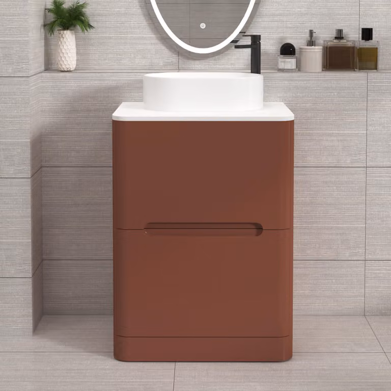 Royal Bathrooms Venice 600mm Terracotta Clay Floor Standing 2 Drawer Vanity Unit with White Worktop and Peak Basin