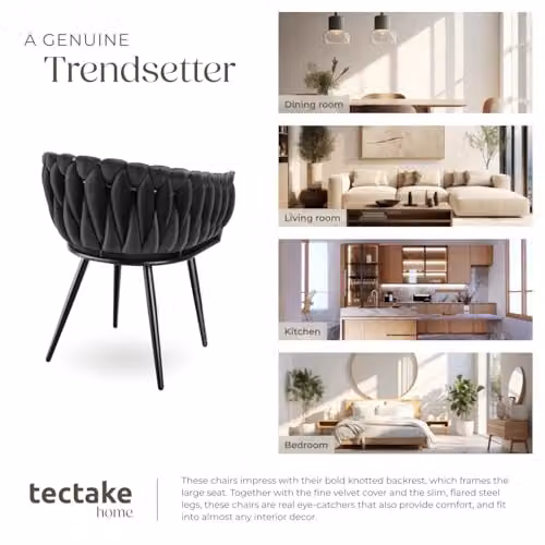 tectake Set of 6 Astano Dining Chairs in Black Velvet with Metal Legs and Knot Design – 7