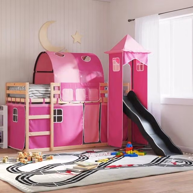 Berkfield Home Pink Solid Wood Childrens Bunk Bed with Slide and Curtains W: 80 cm, L: 200 cm
