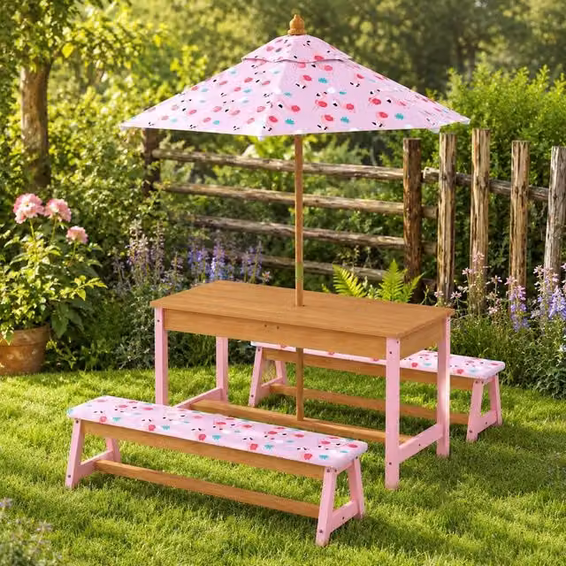 STILVORA Kids Picnic Table Set with Foldable Umbrella in Pink