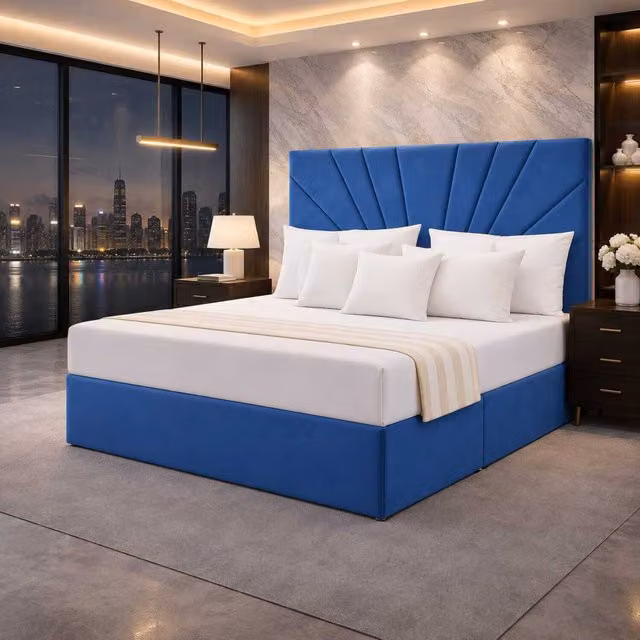 Jackrata K Mehmood Enterprise Ltd Blue Velvet Upholstered Ottoman Storage Divan Bed with Headboard