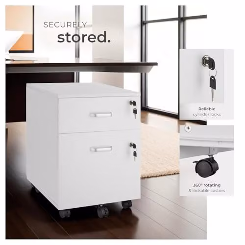 tectake Mobile Filing Cabinet with 2 Lockable Drawers and 360 Degree Castors, White – 3