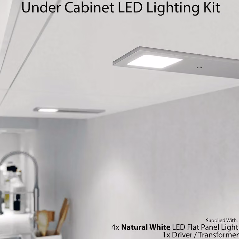 Loops 4x Aluminium Ultra-Slim Rectangular Under Cabinet Kitchen LED Light and Driver Kit in White with Natural White LED