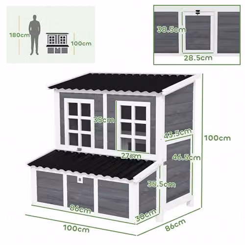PawHut Grey Wooden Chicken Coop with Nesting Box and Slide-Out Tray, W/D/H: 100 x 86 x 86 cm – 7