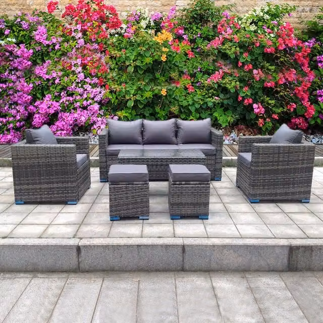 UK Leisure World Madrid 8 Seater Coffee Table Set in Grey with Rattan and Glass Details