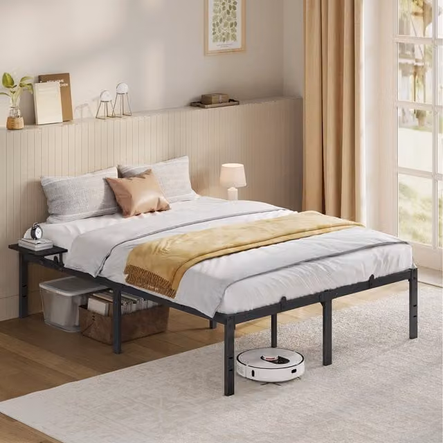 VASAGLE Modern Metal Double Bed Frame with Integrated Bedside Shelves, Black, 140 x 200 cm
