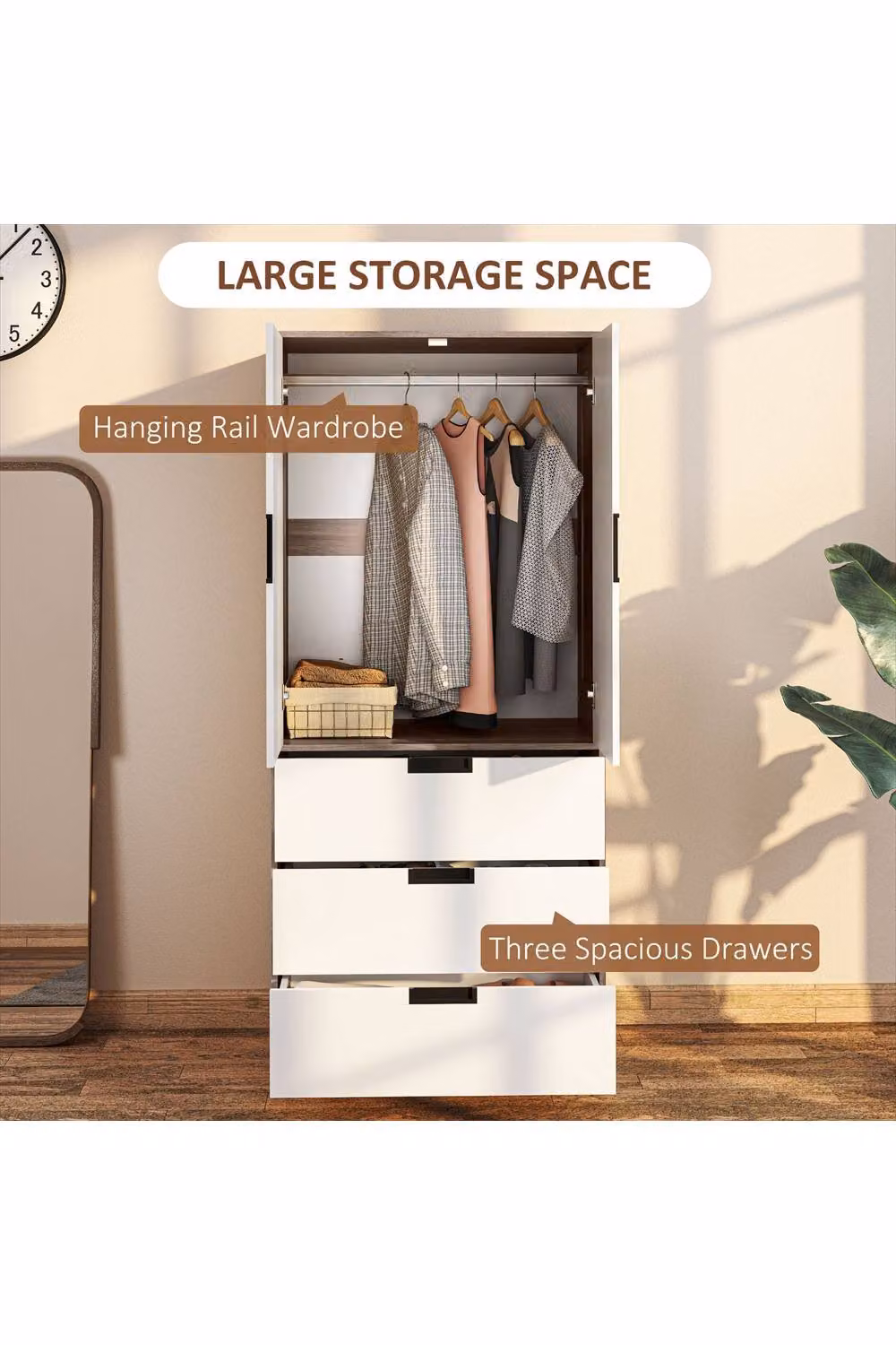 ERGOVEXA Modern Clothes Storage Cupboard with Hinged Doors and Internal Drawers, White and Multicolour, H 180 cm x W 80 cm x D 50 cm – 2