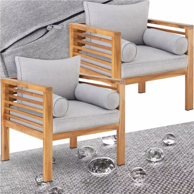 tectake Boka Set of 2 Brown Acacia Wood Garden Armchairs with Grey Seat Cushions