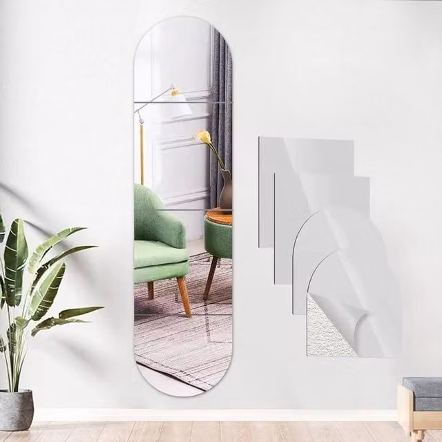 SPETLEK Silver Acrylic Self Adhesive Large Mirror Tile Wall Stickers, 8 Pieces, W: 50 cm, H: 100 cm