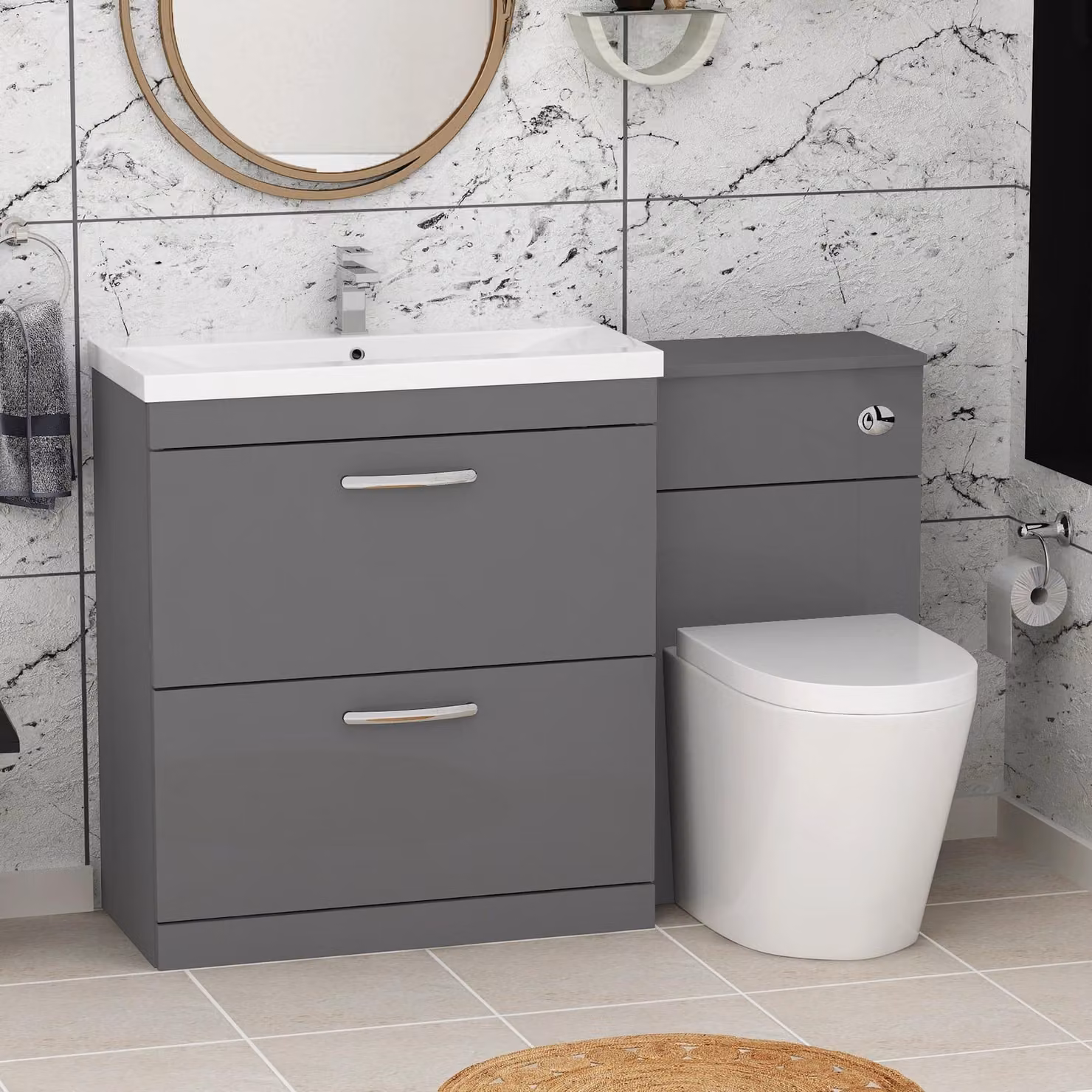 Royal Bathrooms Turin 1300mm Indigo Grey Gloss 2-Drawer Mid-Edge Basin and Cesar Back to Wall Toilet Pack
