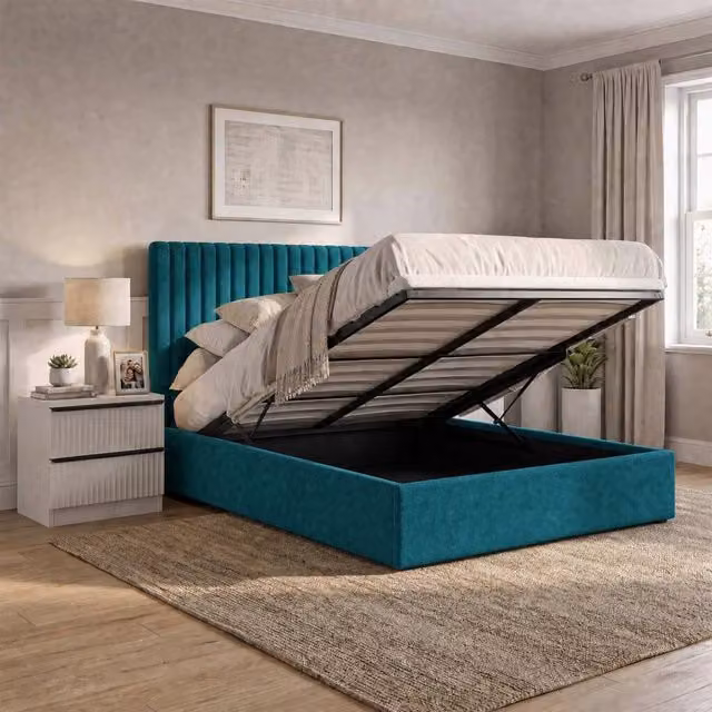 FWStyle Sollom Double Ottoman Lift Up Ribbed Storage Bed in Petrol Blue, H 209 x W 154 x D 112.5 cm – 1