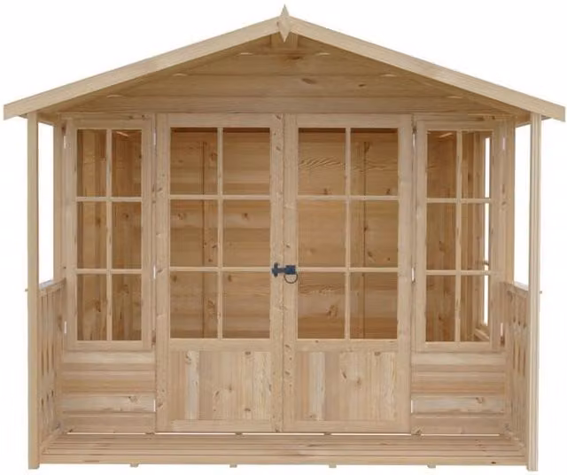 Shires Delmora 8x10 Shiplap Summerhouse with Veranda in Light Brown, W: 245.6 cm, D: 299.2 cm, H: 217.4 cm