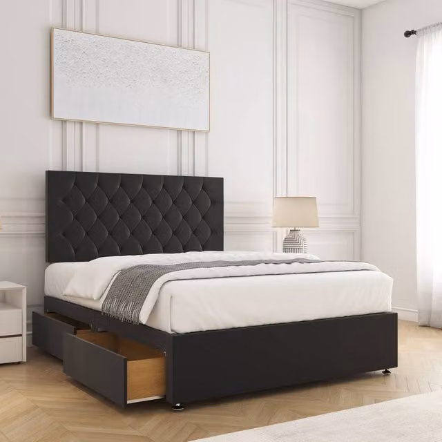 BSSPOKE Mia Plush Velvet Divan Bed with 2 Drawers and 24 inch Headboard and Mattress, Black, W/D/H: 180 x 200 cm