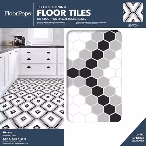 WallPops FP2950 Leyton Peel and Stick Floor Tiles, Black, 30.48 x 30.48 cm – 2