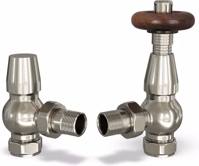 Stirling Traditional Angle Thermostatic Radiator Valve and Lockshield Set in Polished Silver Nickel with Thermostat Head, 1/2 inch, Diameter: 12.8 cm
