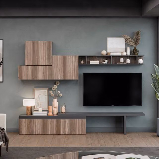 Decorotika Estoril Wall Mounted Entertainment Center in Black and Brown with Striped Pattern