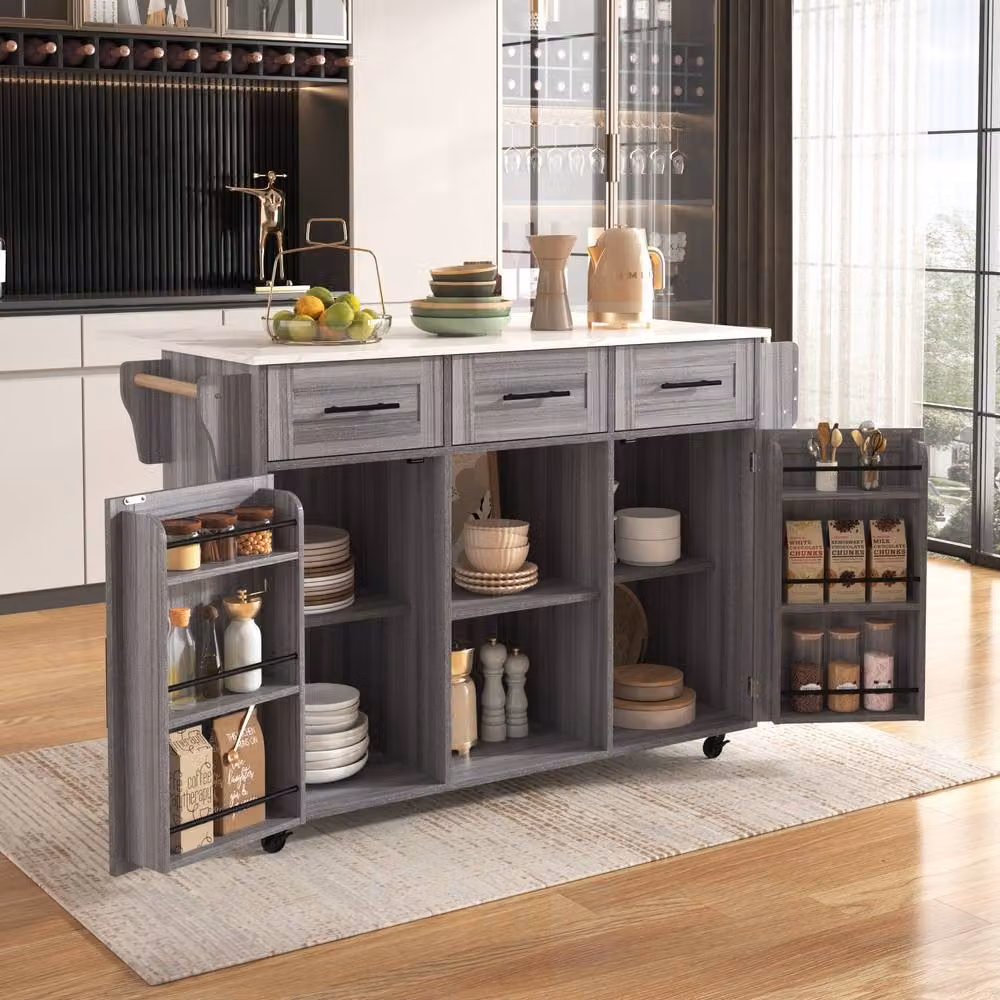 Merax Kitchen Island Trolley with Foldable Worktop and Storage Cabinet in Grey – 3