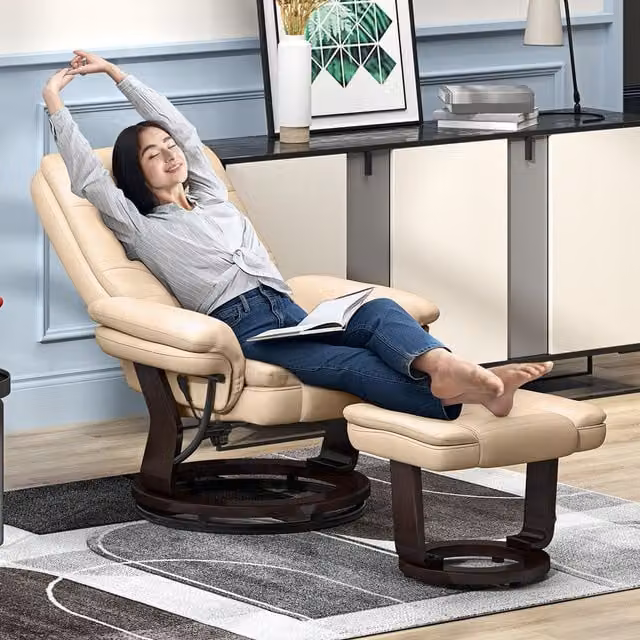 HOMCOM Swivel Manual Recliner and Footrest Set in Beige PU Leather – 1